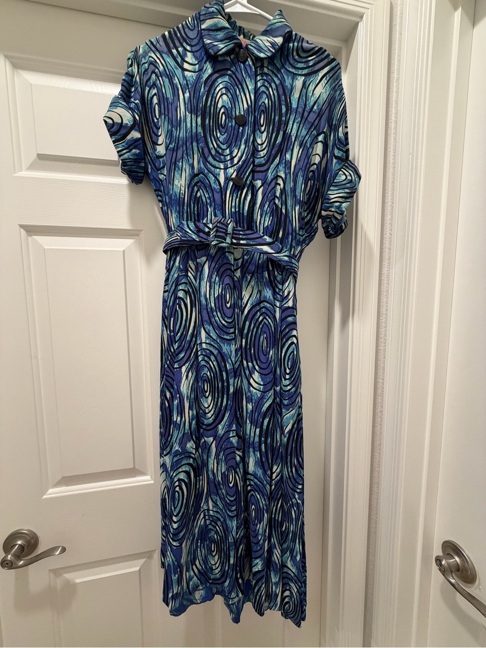 Bloomfield Junior Designs Hand Sewn Vintage Long Blue Swirl Belted Maxi Dress